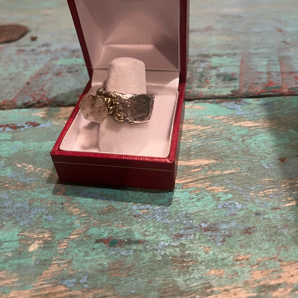 Talisman Ring - silver ring with Herkimer diamond in gold-plated setting. Size 8 - Picture 7 of 9